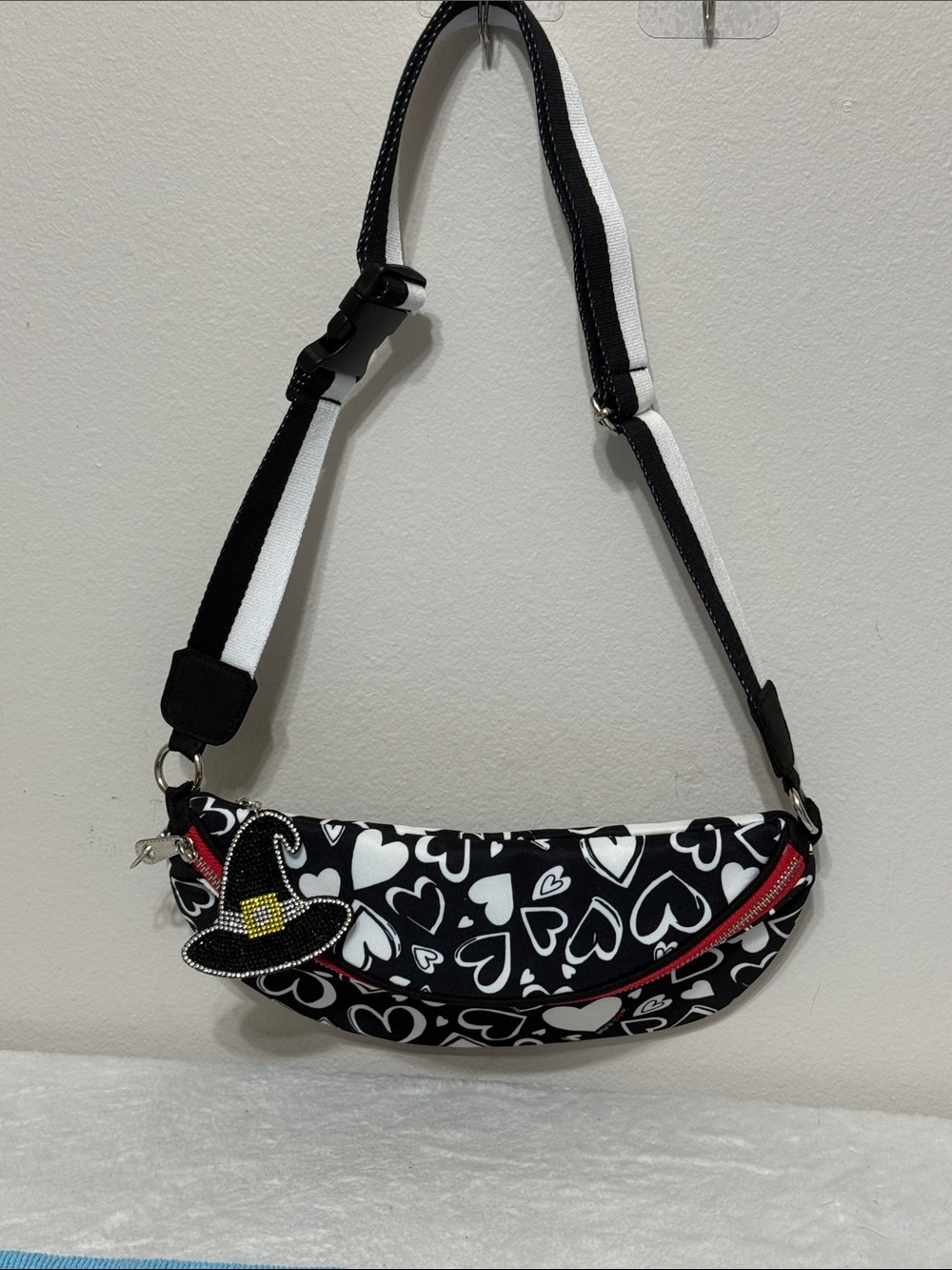 Brighton Black & White Heart-Pattern Crossbody Bag with Witch Hat Charm